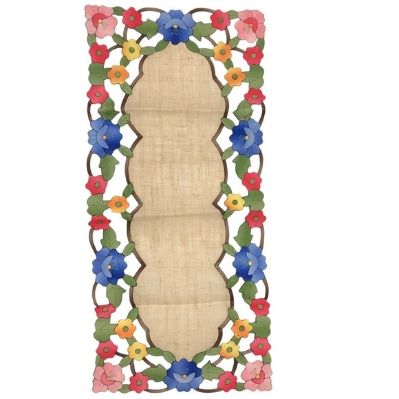 Vintage 9 PC Set Floral Hand Embroidered Scalloped Linen Table Runner Place Mats - Picture 11 of 16